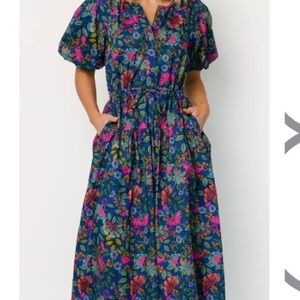 Baltic Born Karol Puff Sleeve MIDI Dress Blue Multi Size XL